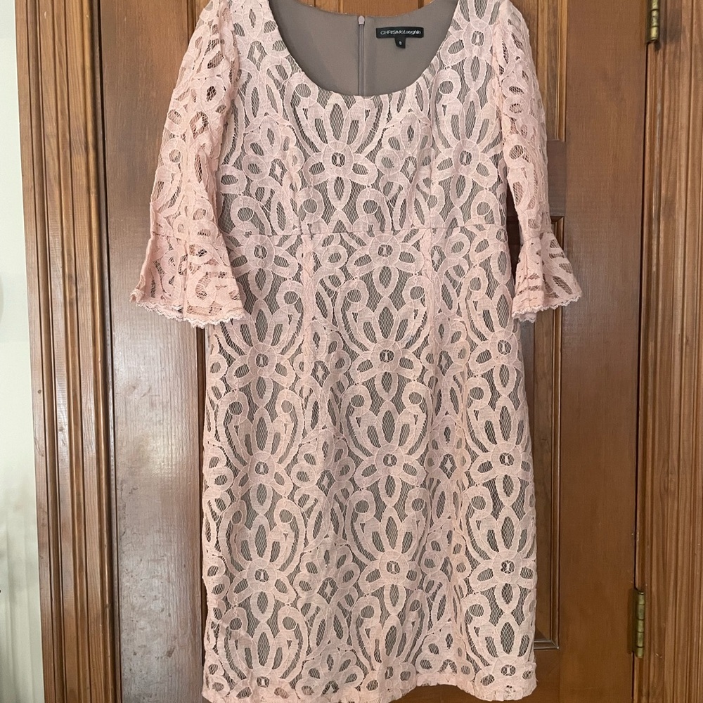Chris McLaughlin‎ Pink Lace Overlay Lined Bell Sleeve Zipper Close Dress, Size 8